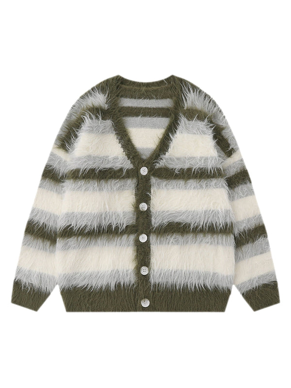 Mohair Striped V-Neck Cardigan Sweater