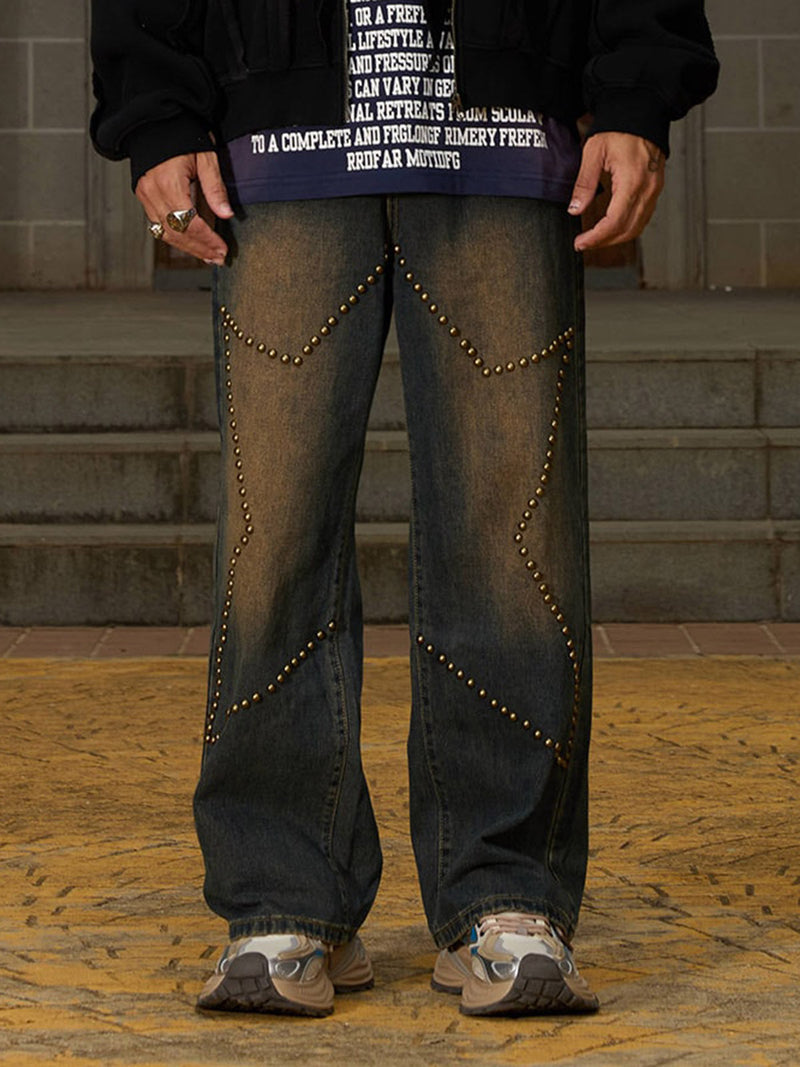 Star Rivet Washed Baggy Jeans