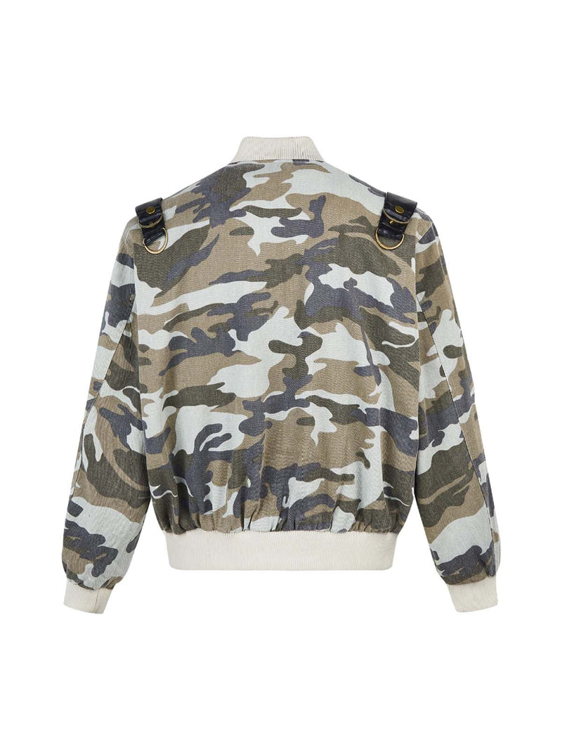 Camouflage Leather Shoulder Pad Denim Bomber Jacket