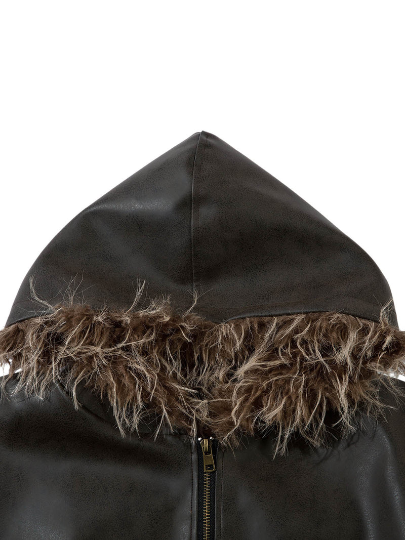 Leather Fur Hooded Fleece Jacket