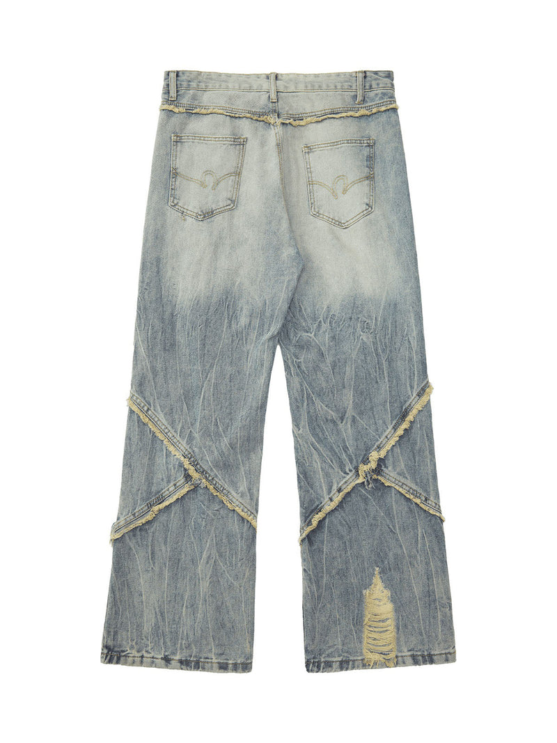 Heavy Washed Ripped Plaid Stitching Hip-Hop Jeans