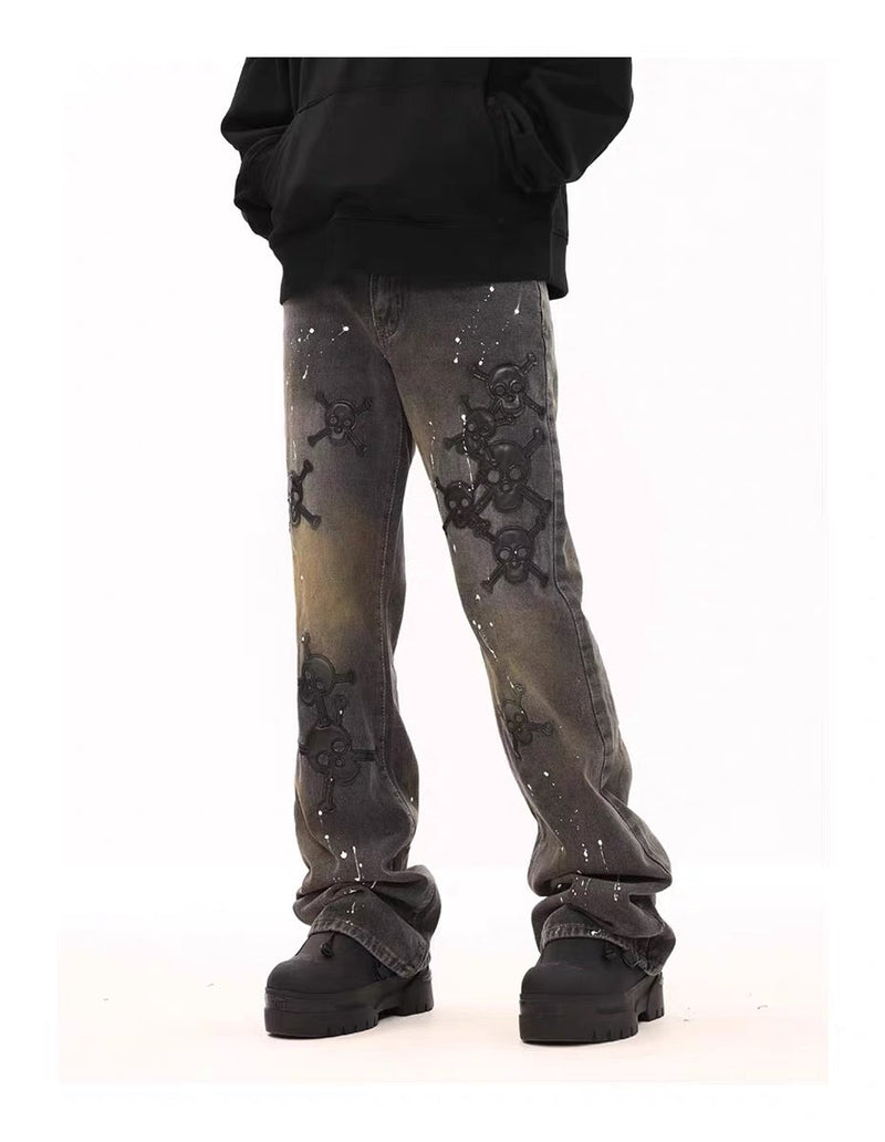 Leather Skull Splash Ink Micro-flared Jeans