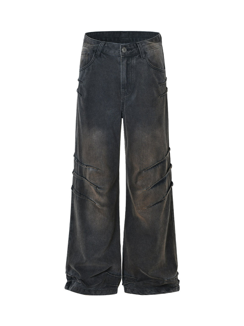 Washed Pleated Straight Jeans