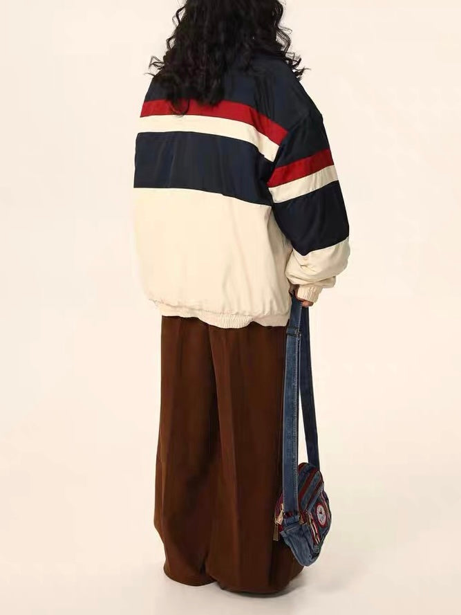 Retro Letter Embroidery Color-Blocked Cotton Jacket