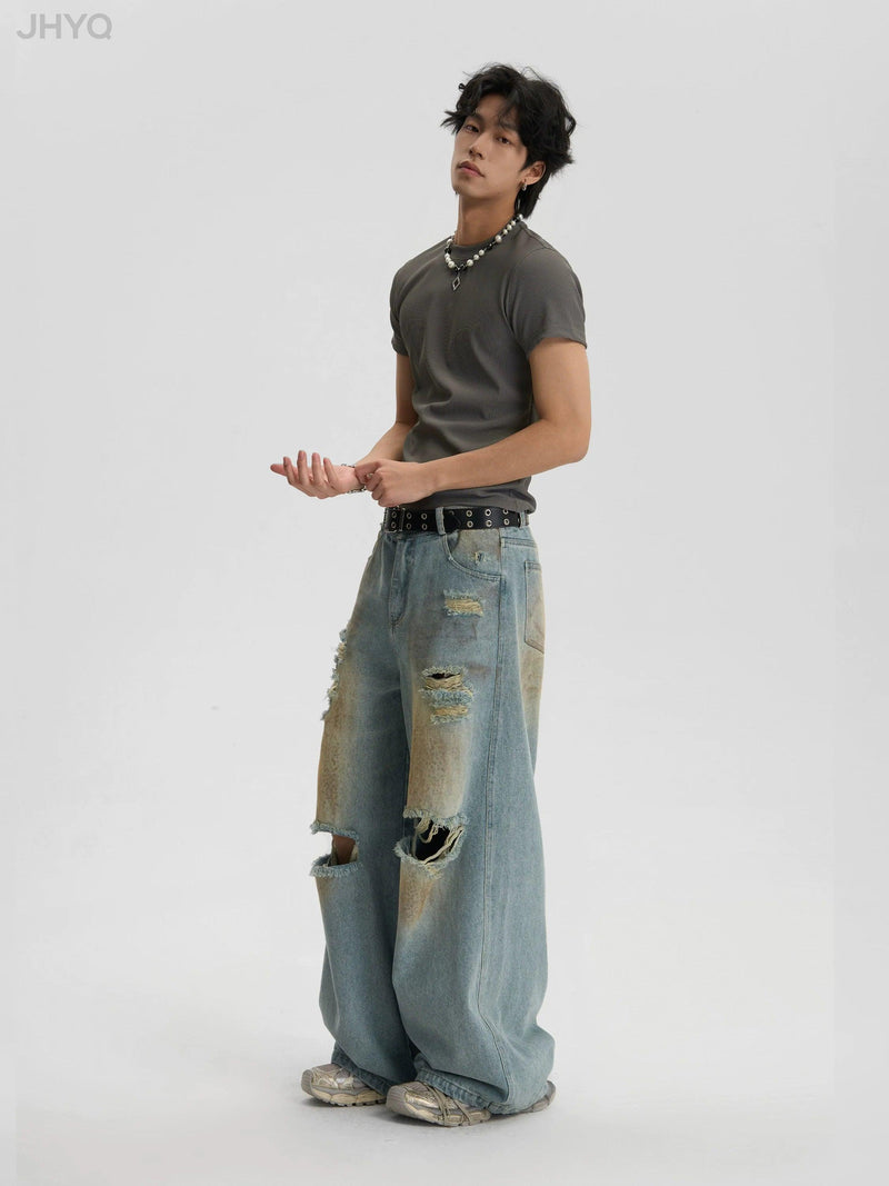 Distressed and Ripped Baggy Jeans with Washed Effect - chiclara