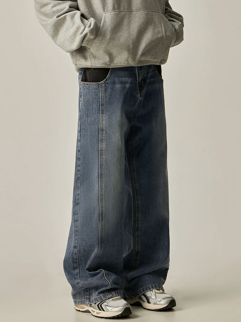 Vintage Contrast Pocket Wide-Leg Denim Jeans