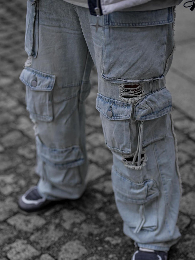 Washed Multi-pocket Work Cargo Jeans