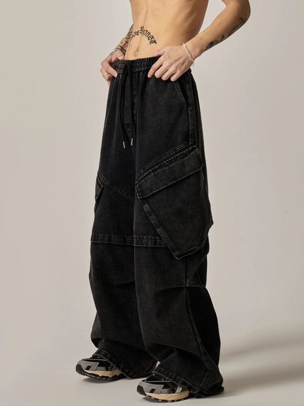 Oversized Cargo Denim Joggers with Multi-Pockets