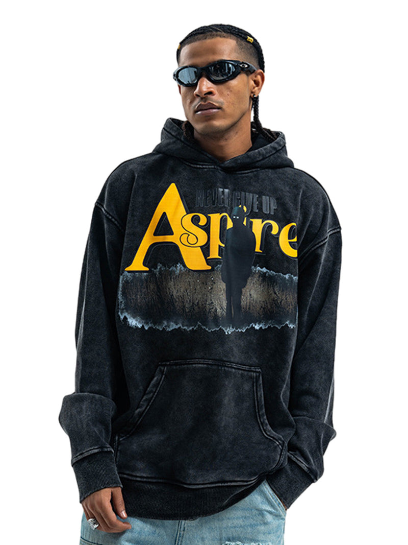 Heavy Washed Letter Portrait Print Fleece Hoodie