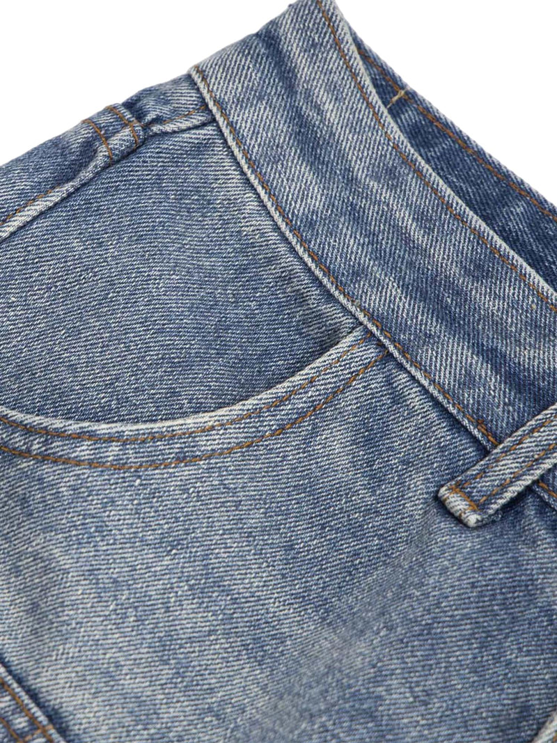 Washed Distressed Topstitch Denim Jorts