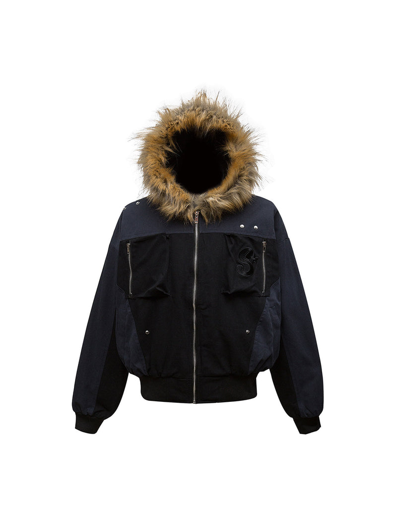 Patchwork Embroidered Fur Hooded Jacket