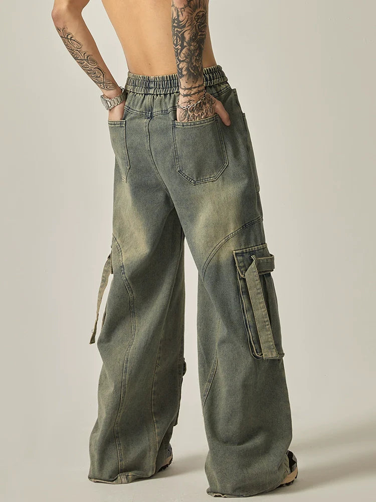 Oversized Washed Denim Cargo Pants