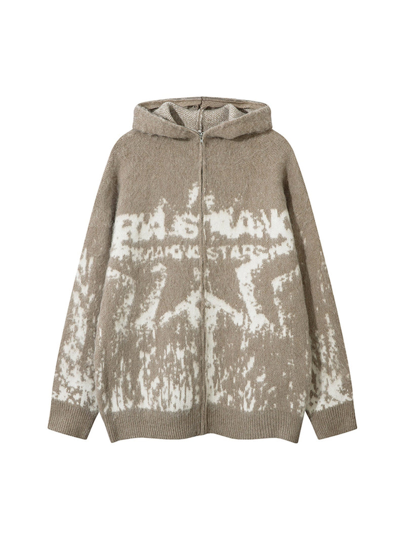 Star Mohair Fuzzy Hooded Zip Up Sweater