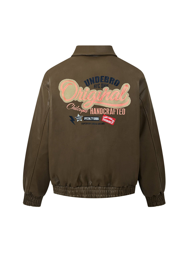 Lettering Embroidered Leather Bomber Jacket