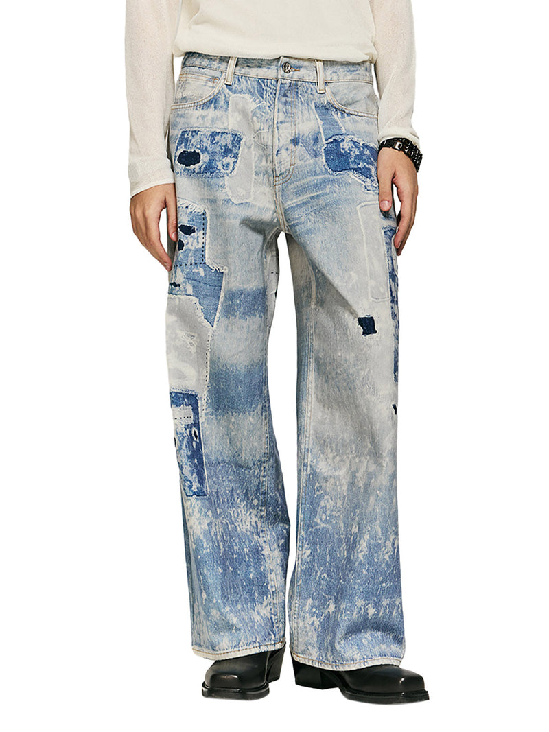 Washed Raw Edge Tie-dye Print Straight Jeans