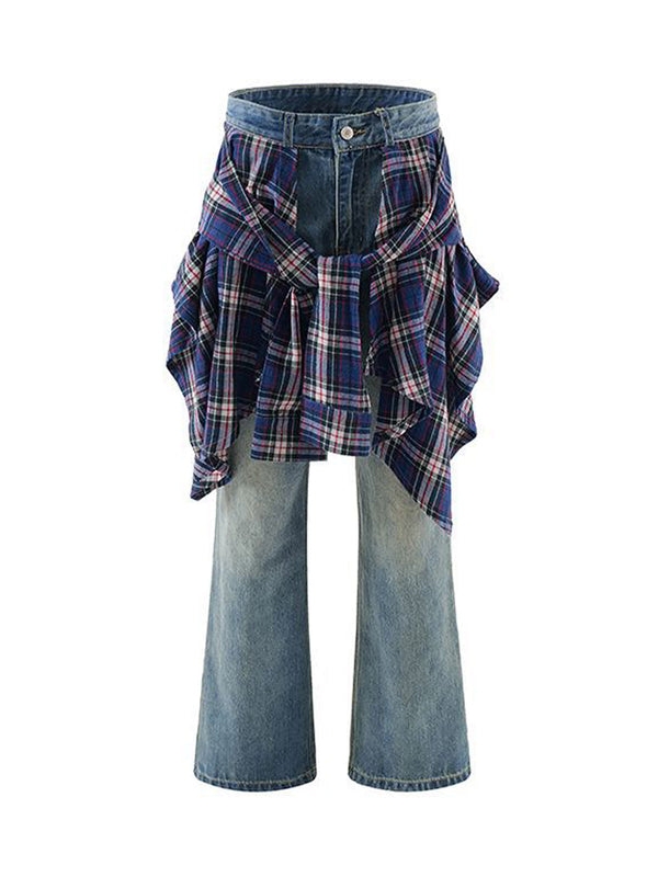 Faux Two-piece Plaid Straight Jeans