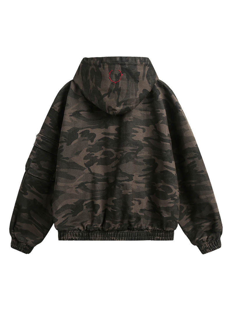 Deconstructed Camouflage Workwear Cardigan Hooded Jacket