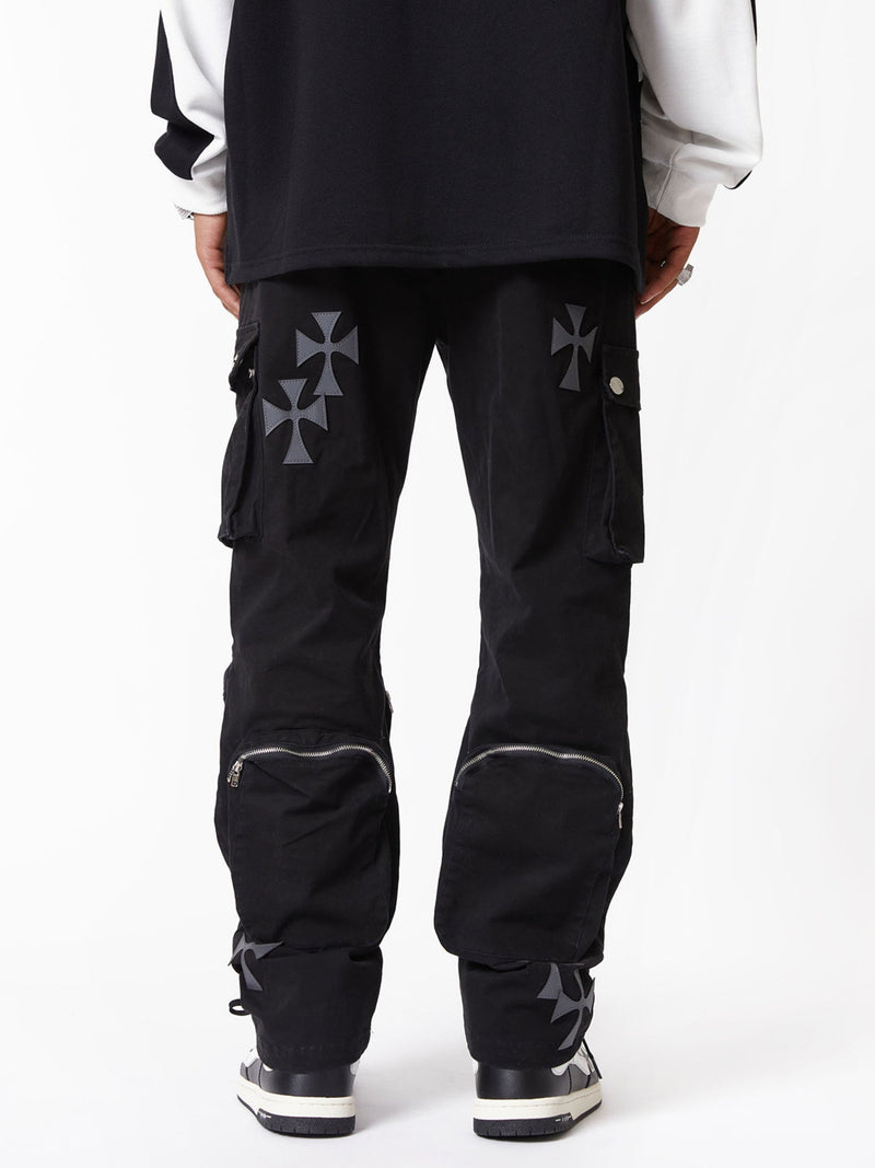 Cross Printed Multi-Pocket Casual Pants