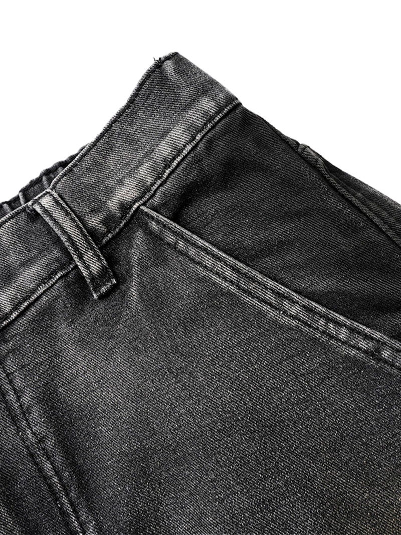 Washed Distressed Pleated Cargo Jeans