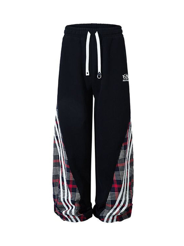 Drawstring Slash Plaid Stitching Straight Pants